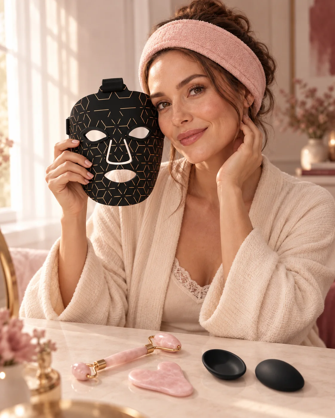 Une femme portant le bandeau rose tient le masque noir et or, avec les accessoires du Coffret Rituel.