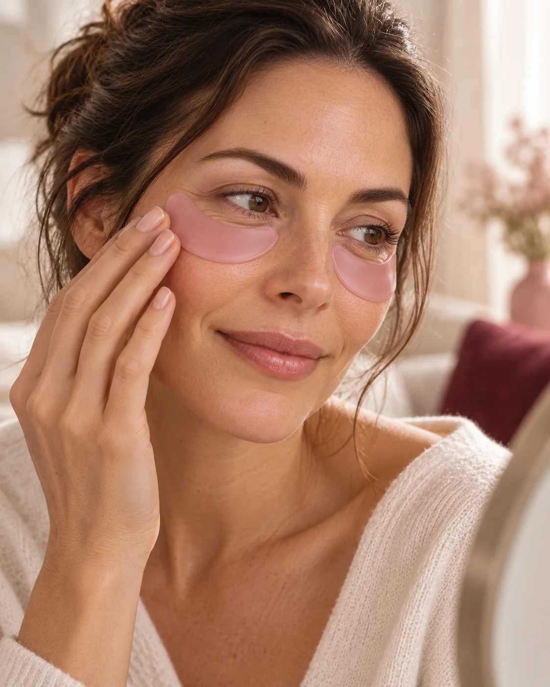 Une femme ajuste les patchs en silicone rose sous ses yeux.