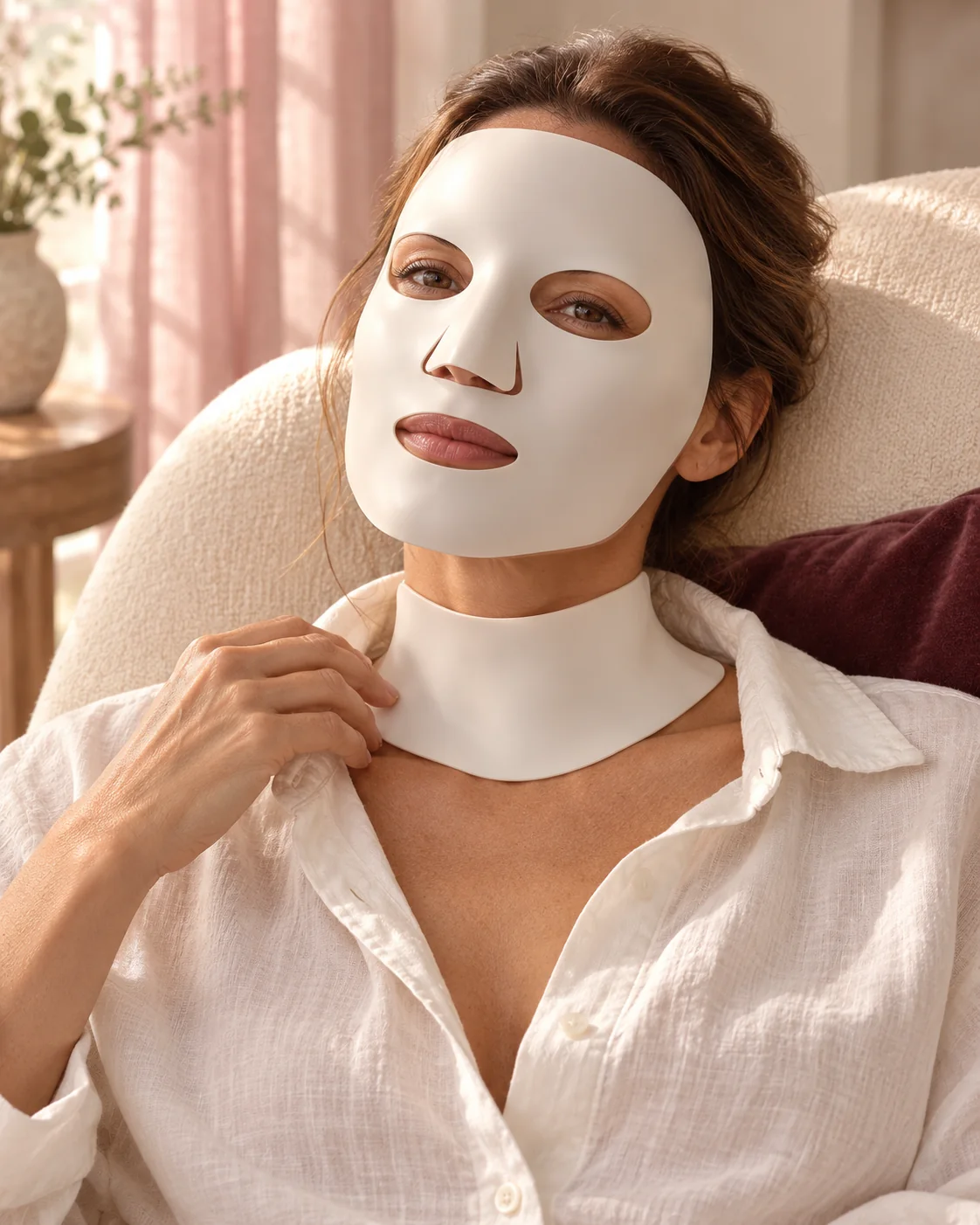 Une femme porte le masque ivoire et son panneau de cou assorti.